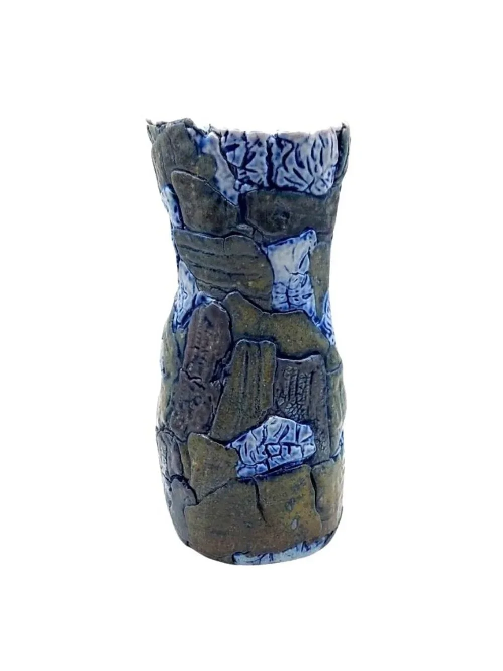 Patchwork Folk Art Pottery Vase Hand Thrown Textured Stoneware Vintage Rustic